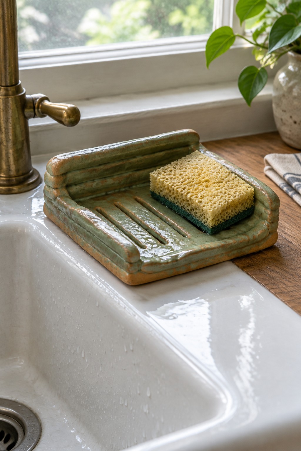 Green ceramic sponge holder with yellow sponge on wet white sink edge