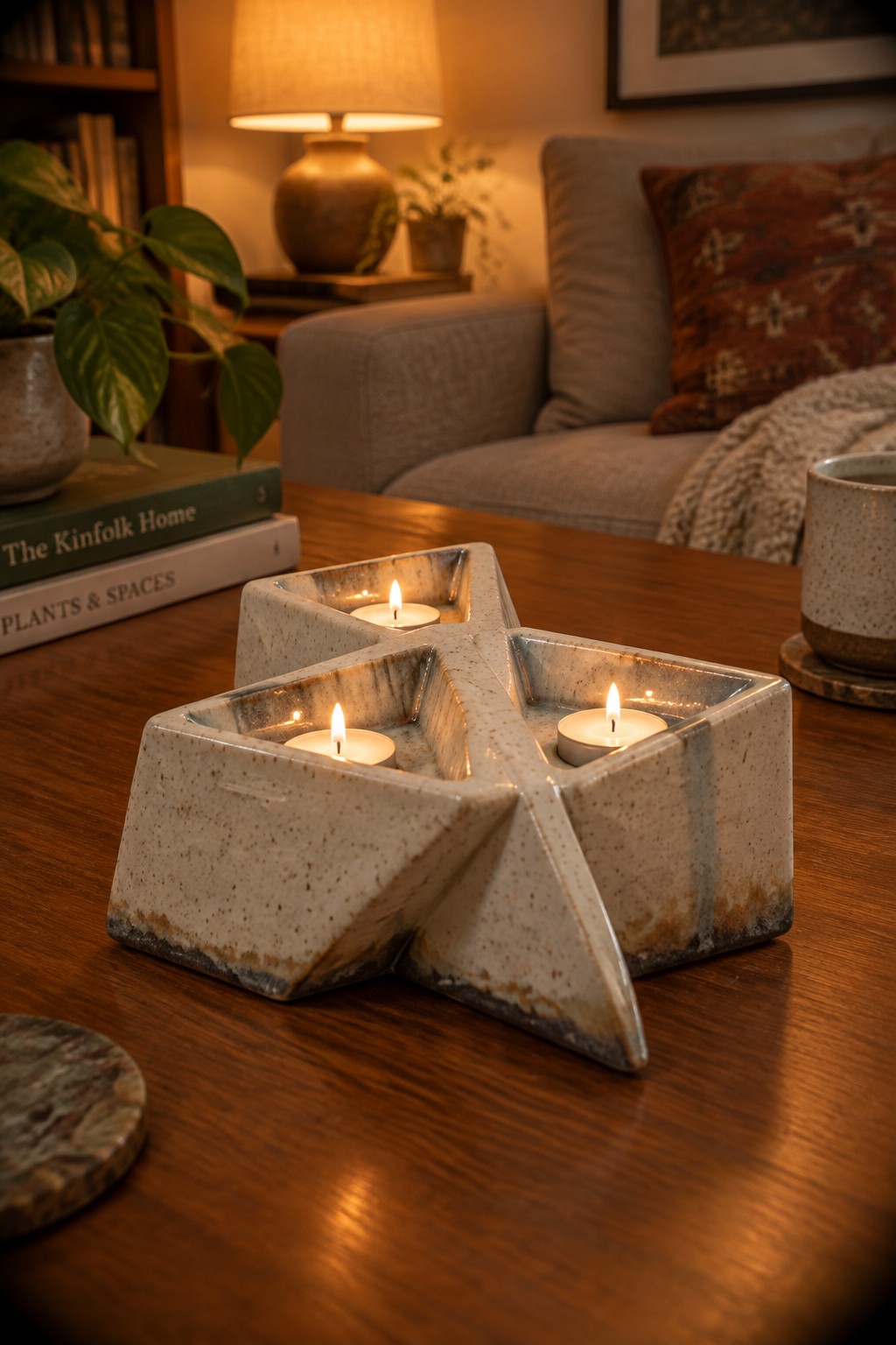 Geometric ceramic holder with four lit tea lights on wooden table in cozy room