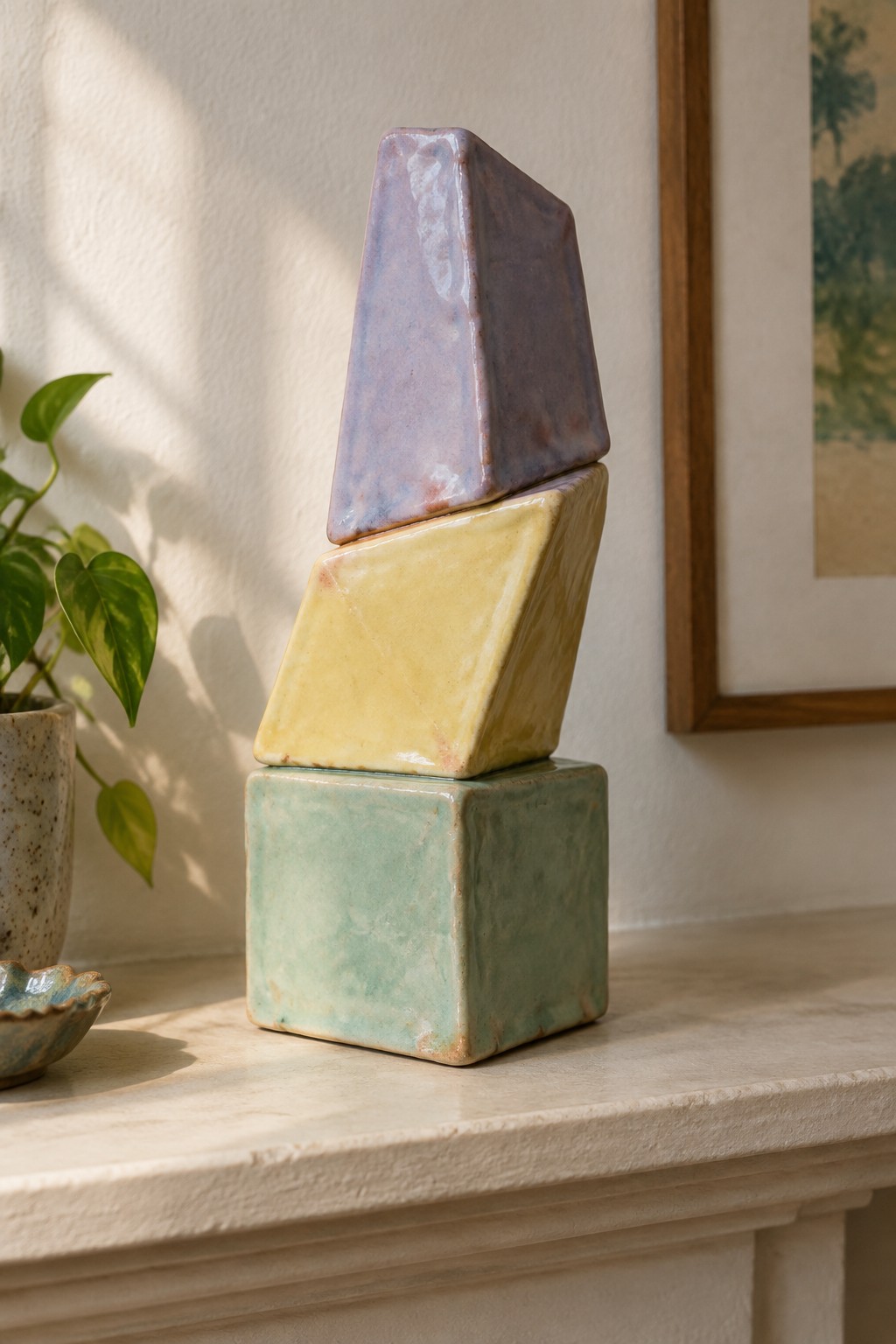 Three stacked ceramic blocks in purple, yellow, and green hues
