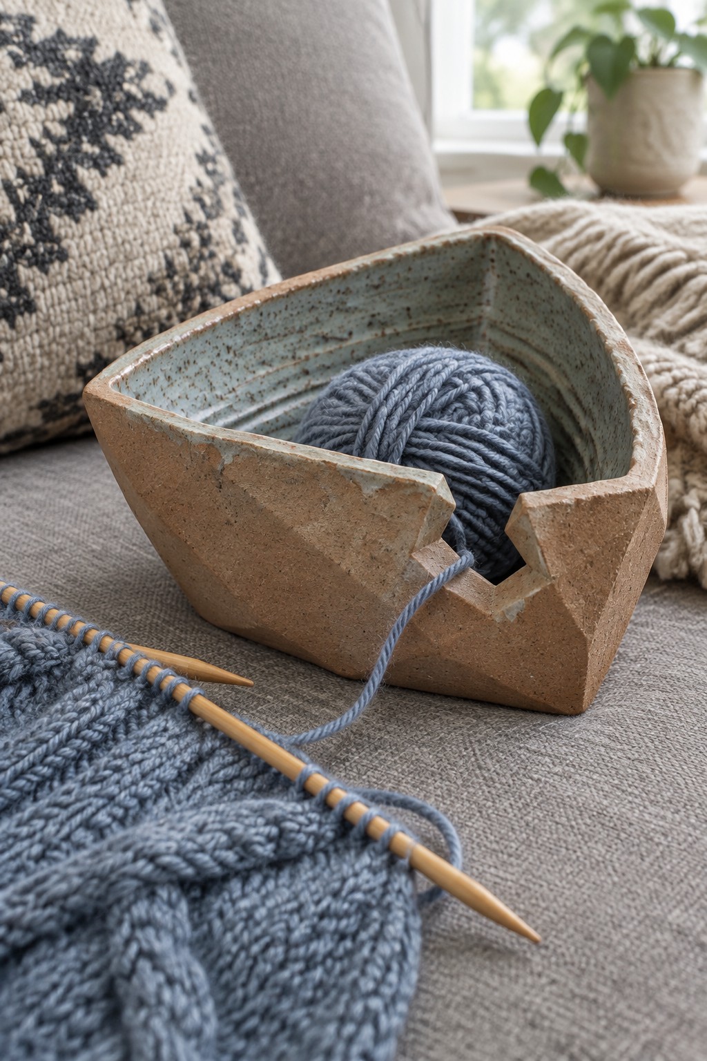 Blue yarn in ceramic bowl beside knitting needles with partial project on fabric