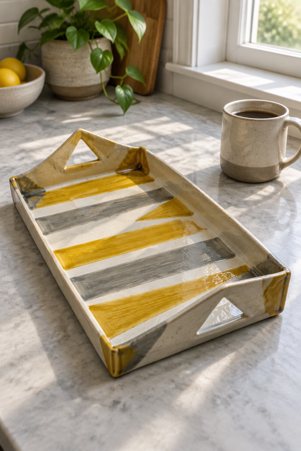 Yellow and gray striped ceramic tray on sunlit marble kitchen counter