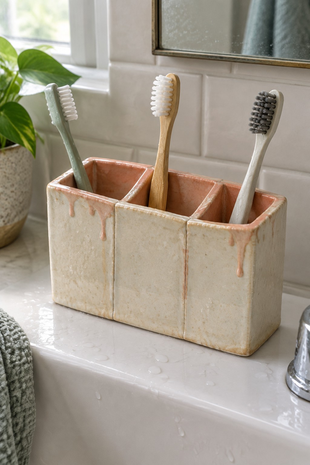 Three toothbrushes in a beige ceramic holder on a wet bathroom sink