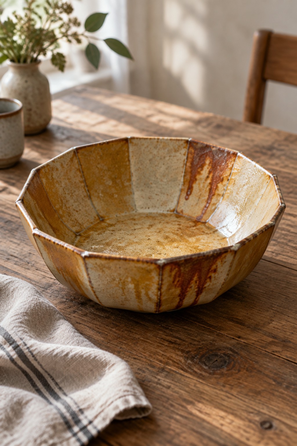 Rustic faceted ceramic bowl with brown glaze on wooden table beside linen cloth
