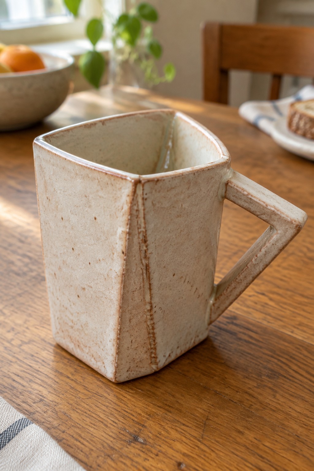 Square beige ceramic mug with handle on sunlit wooden table