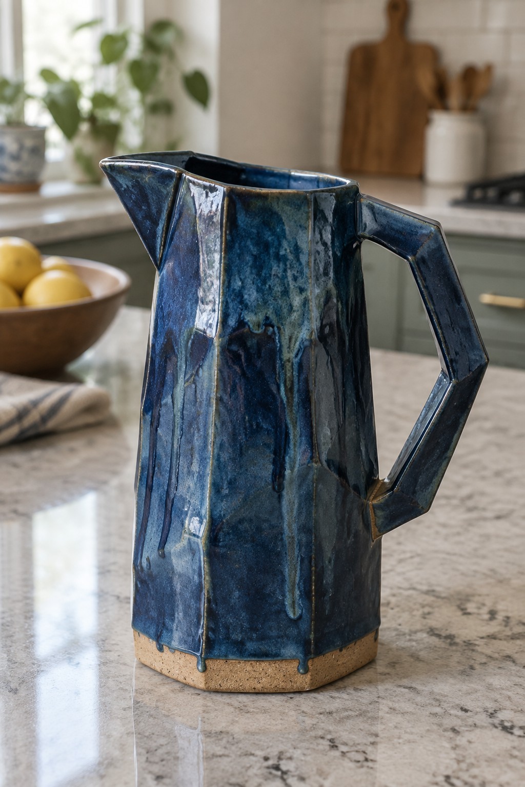 Blue faceted ceramic pitcher with handle on marble kitchen countertop