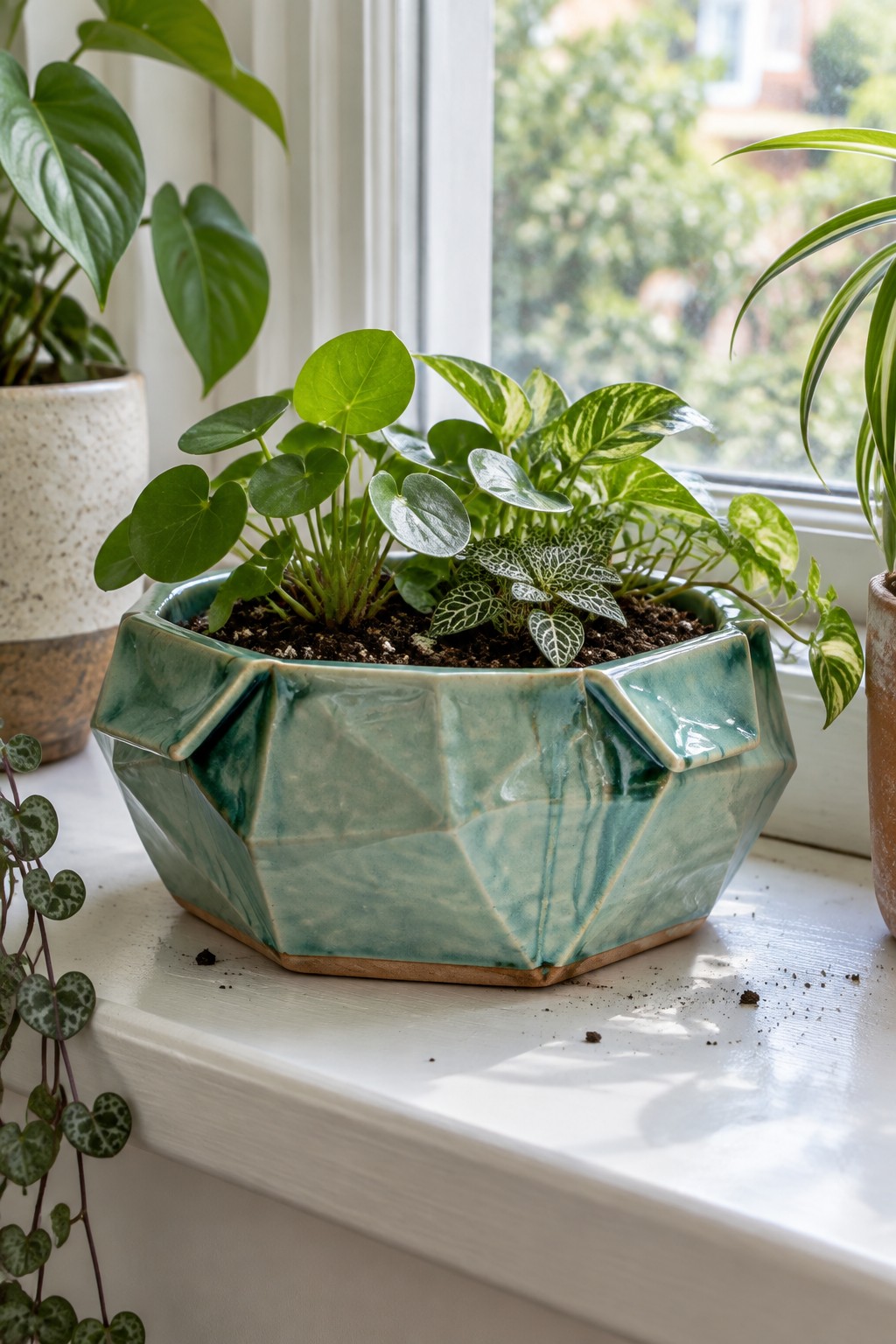 Faceted teal ceramic planter with assorted green houseplants on sunny windowsill