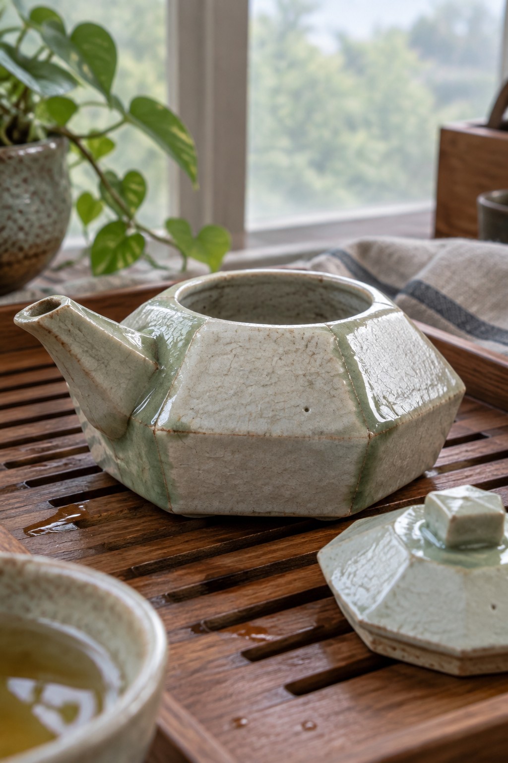 Faceted green ceramic teapot open on wooden tray beside teacup, lid, and plant.