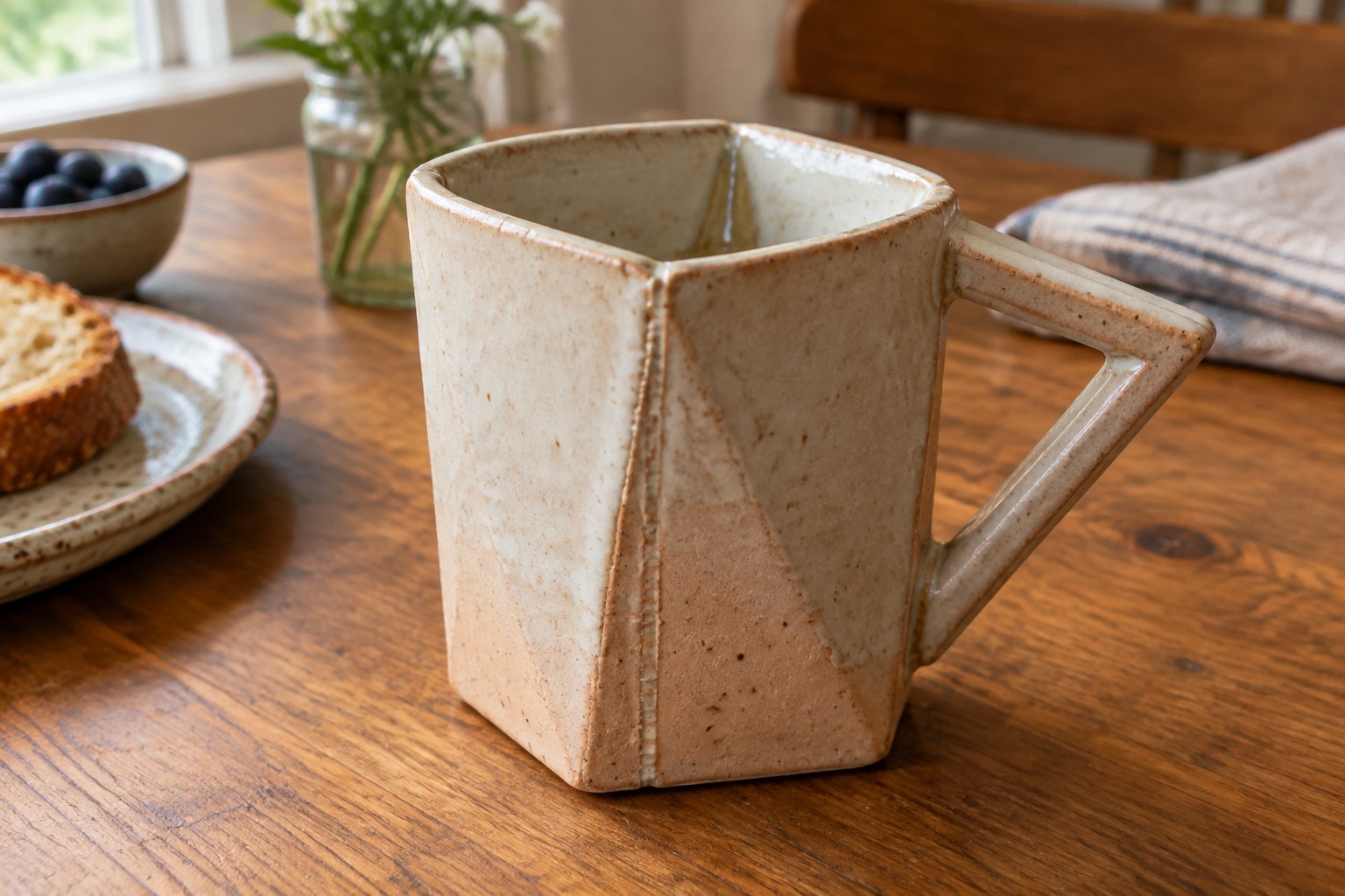 Square beige ceramic mug with handle on sunlit wooden table