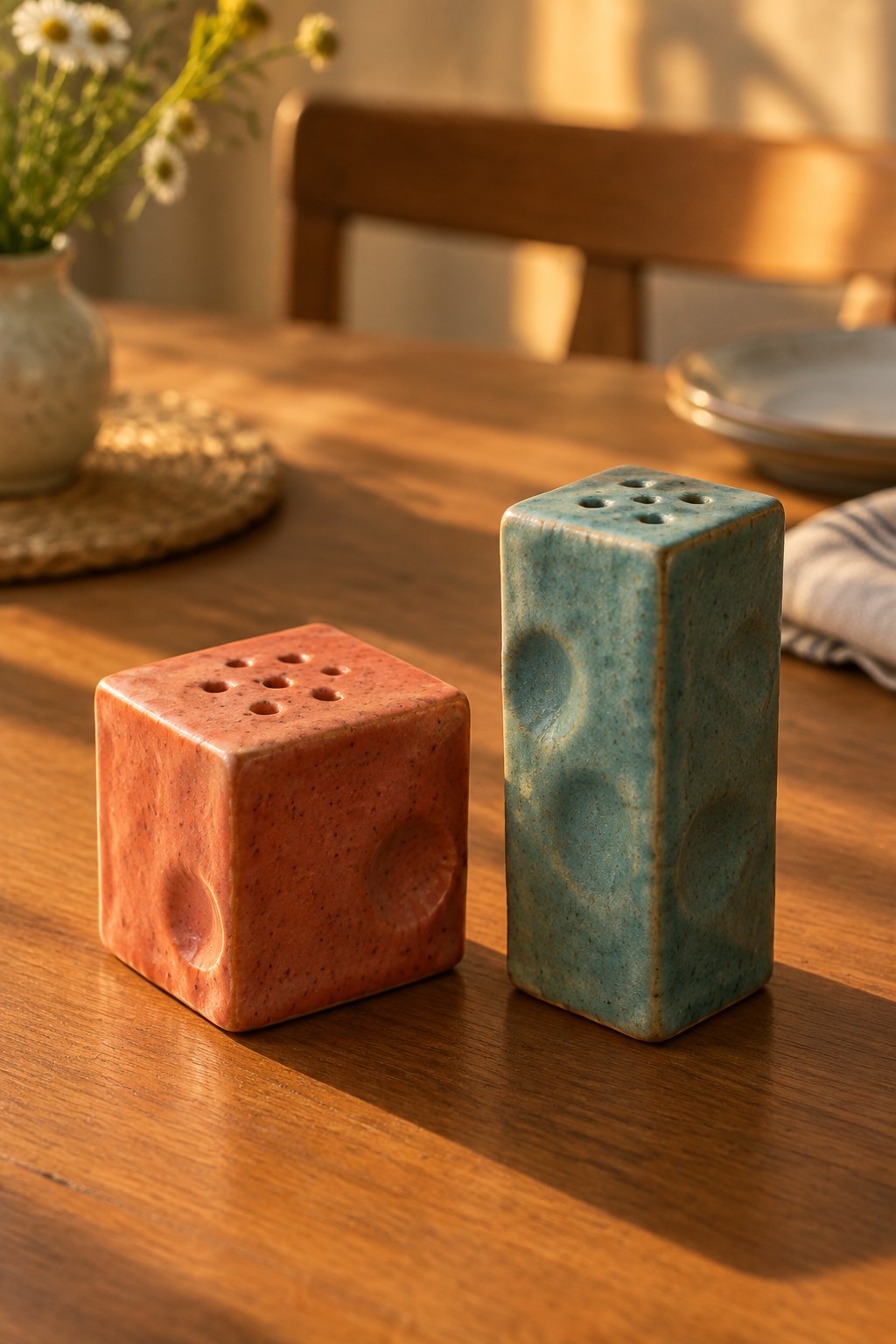 Two ceramic cube shakers, one orange and one teal, sit on a wooden table with perforated tops and circular side indentations.