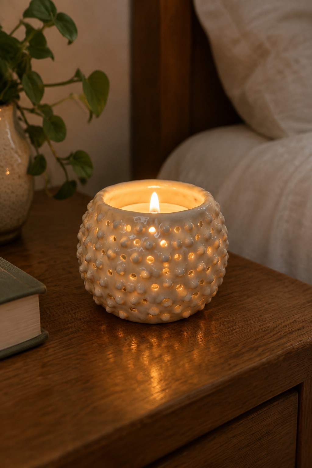 Lit candle in bumpy white ceramic holder on wooden table near book and plant