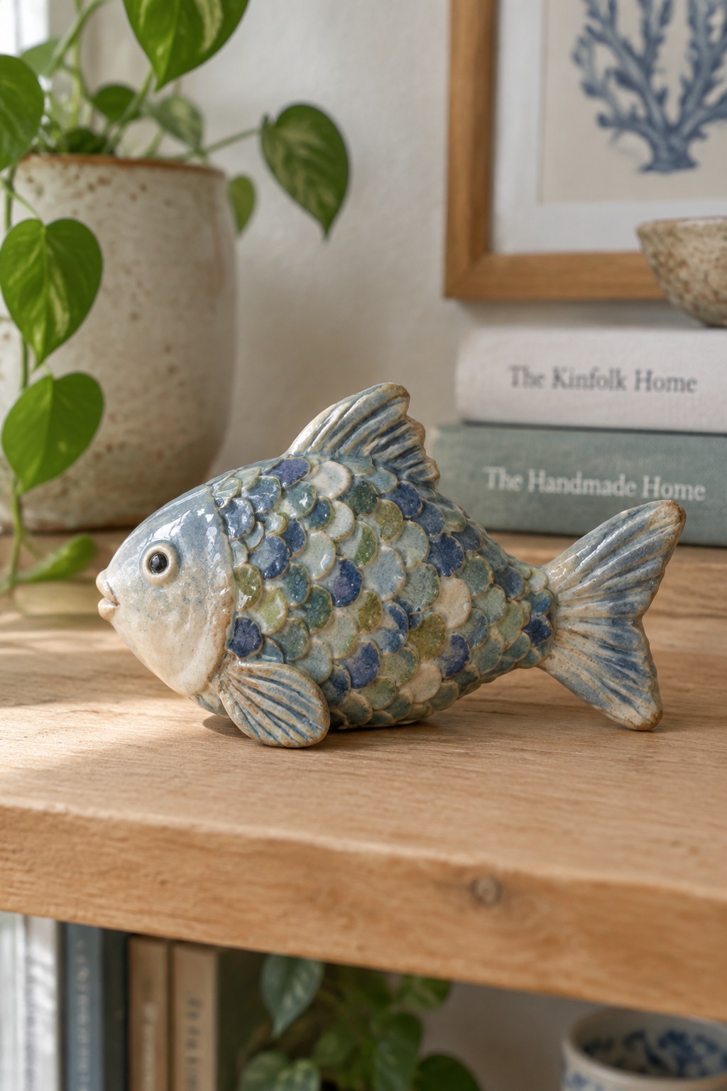 Ceramic fish with blue-green scales on wooden shelf beside books and plant