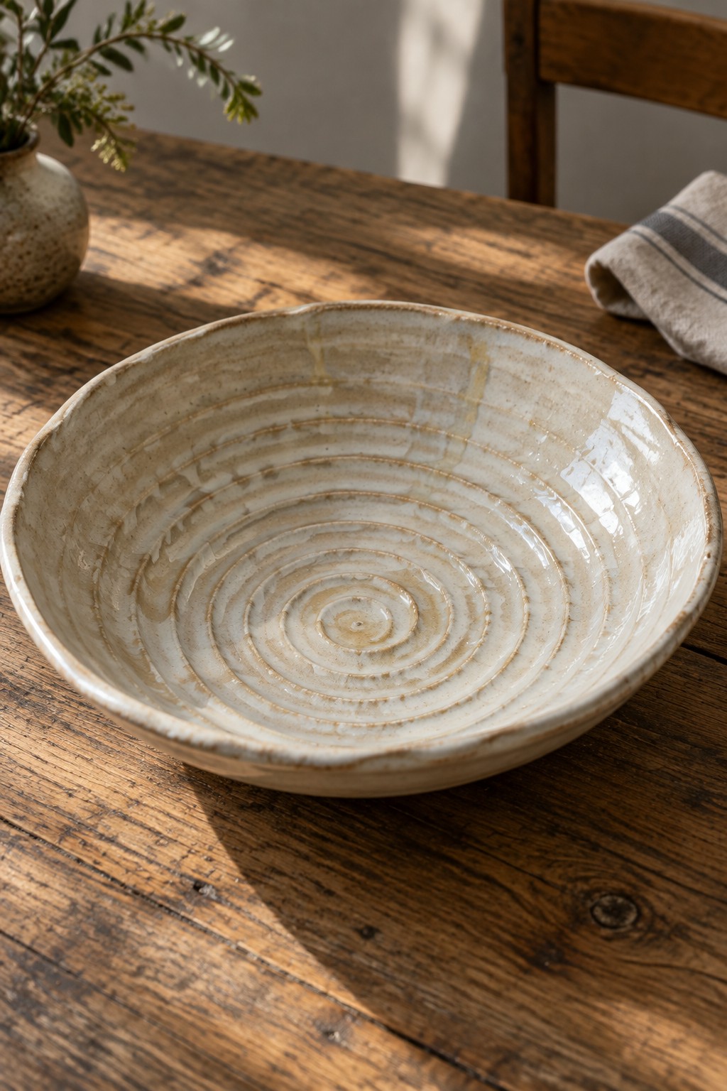 Creamy white ceramic bowl with spiral ridges on sunlit wooden table
