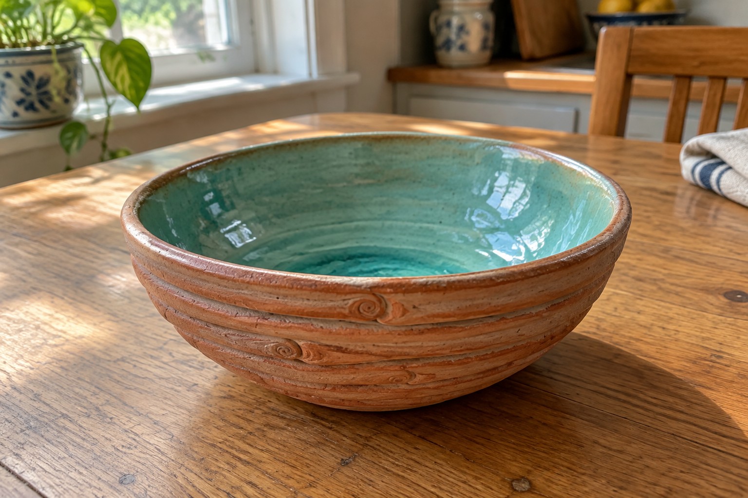 A wide ceramic bowl with visible horizontal clay coils in terracotta on the outside and turquoise glaze on the inside, placed on a wooden table.
