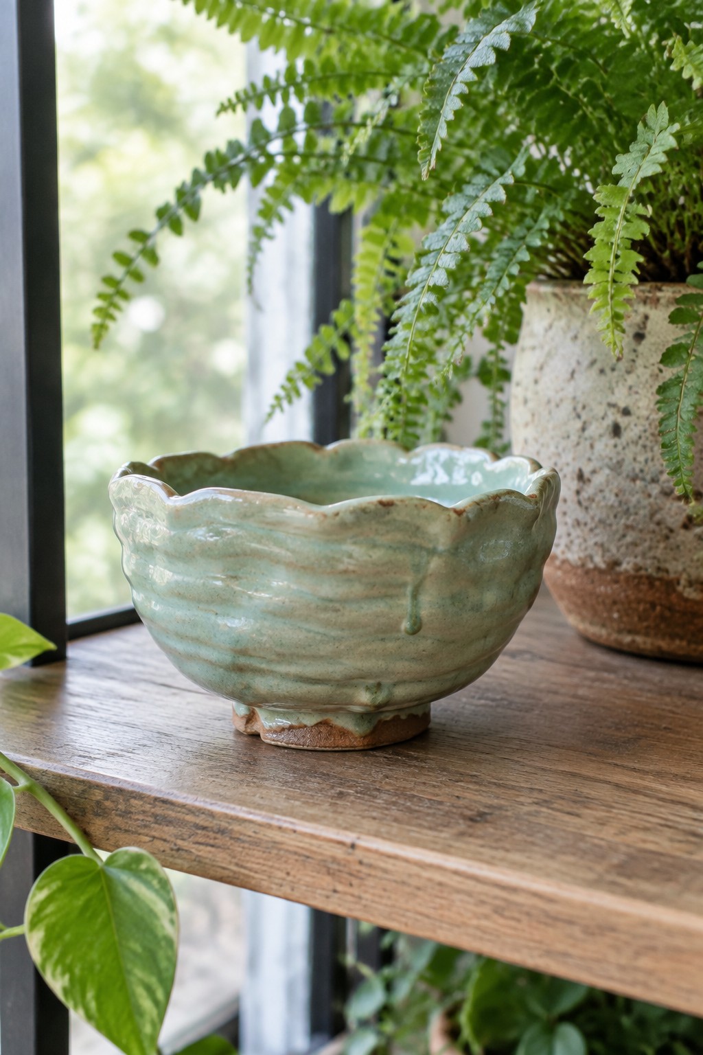 Light green scalloped ceramic bowl with ridged texture on wooden shelf near fern