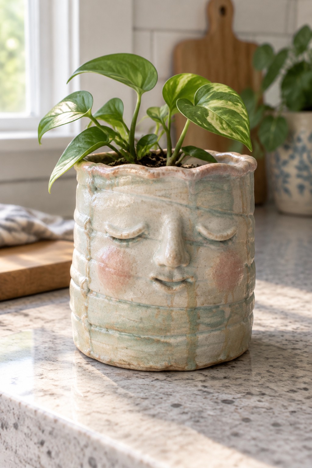 Ceramic face planter with closed eyes and pink cheeks holding a green plant