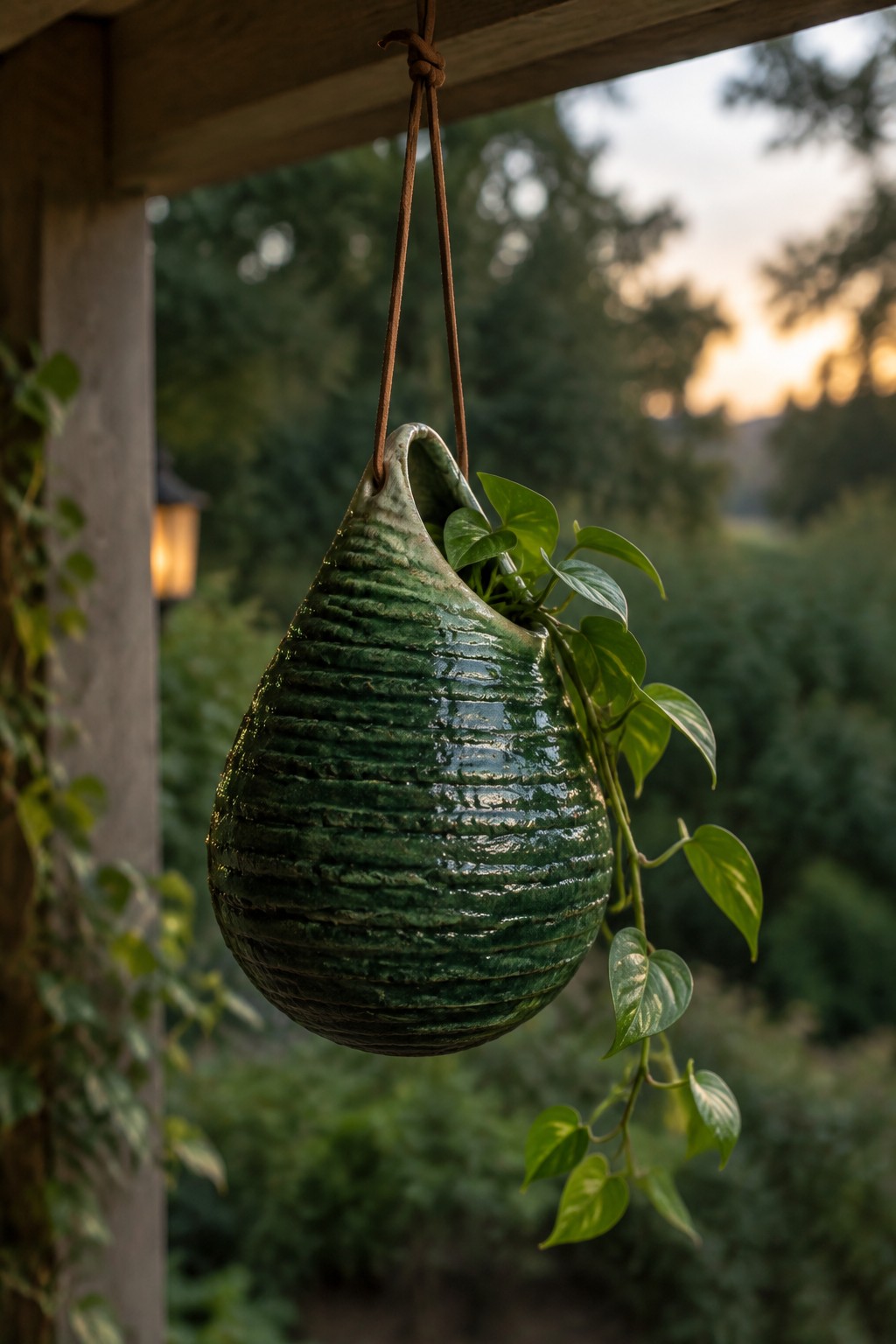 Ribbed green ceramic hanging planter with trailing vine at sunset