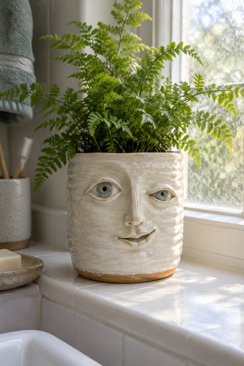 White ceramic face planter with lush green fern on sunlit bathroom windowsill