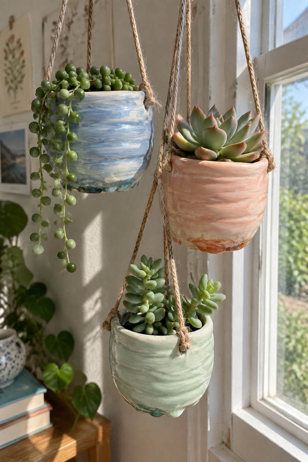 Three marbled ceramic hanging pots with succulents near a window.