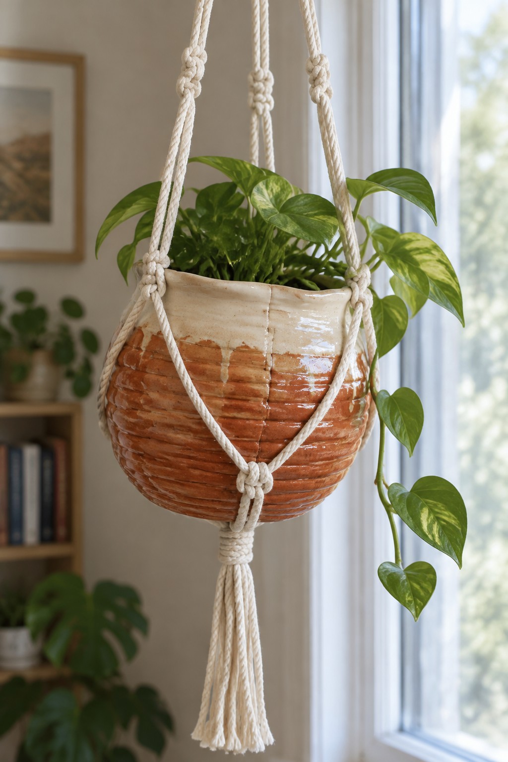 Hanging white macrame holder with brown ceramic pot and trailing green pothos plant