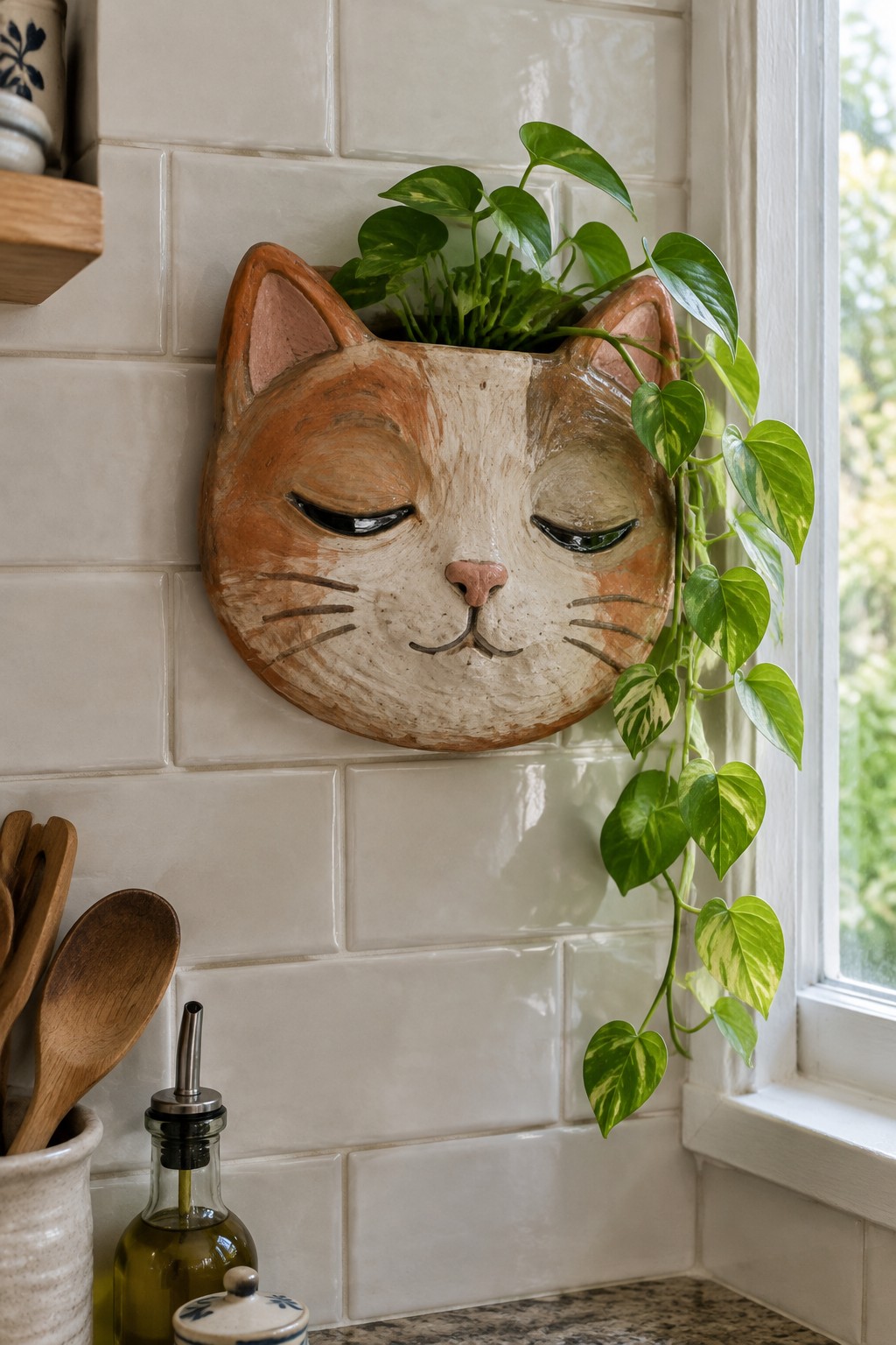 Ceramic cat face planter with trailing green pothos on white tiled wall