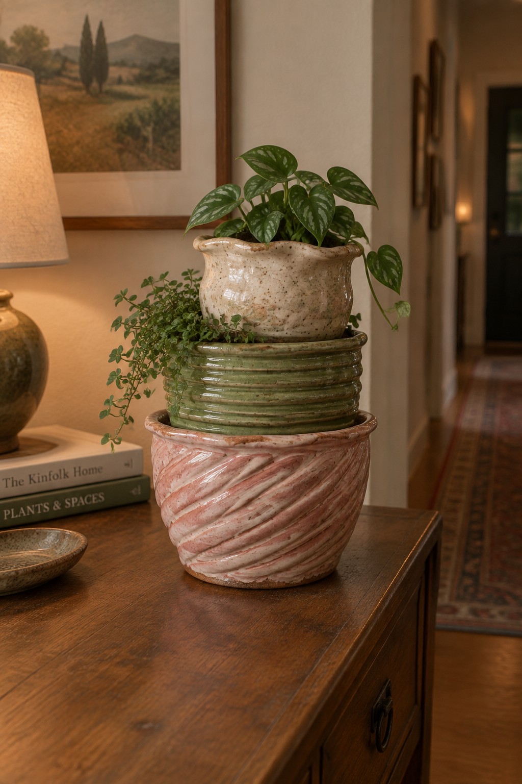 Stacked pink, green, and beige ceramic pots with plants on a wooden table