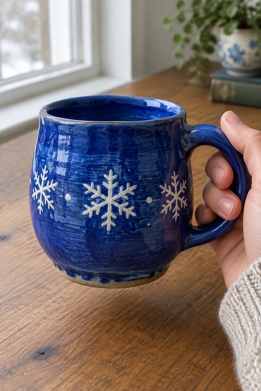 Hand in knit sweater holding blue ceramic mug with white snowflakes on wood table