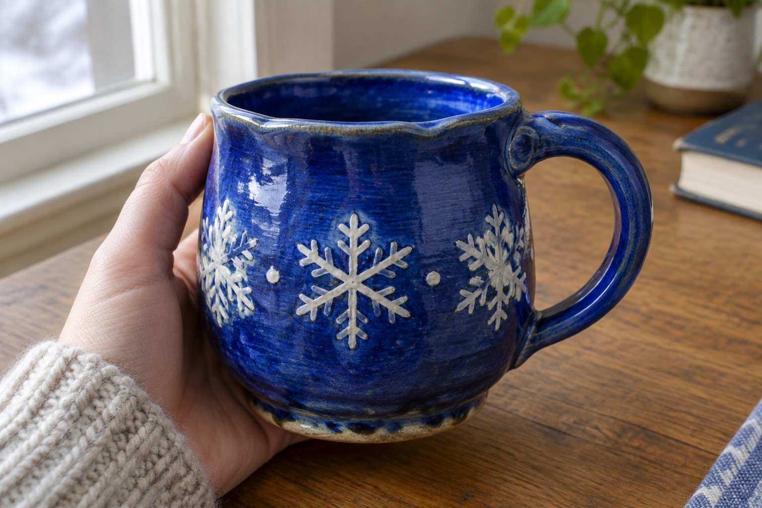 Hand in knit sweater holding blue ceramic mug with white snowflakes on wood table