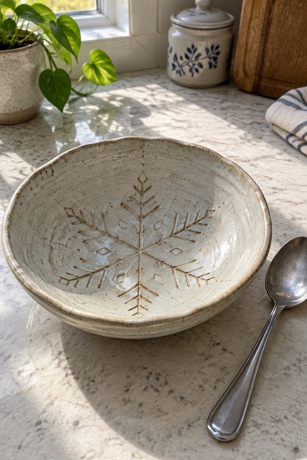 Speckled ceramic bowl with snowflake design beside spoon on sunlit marble counter