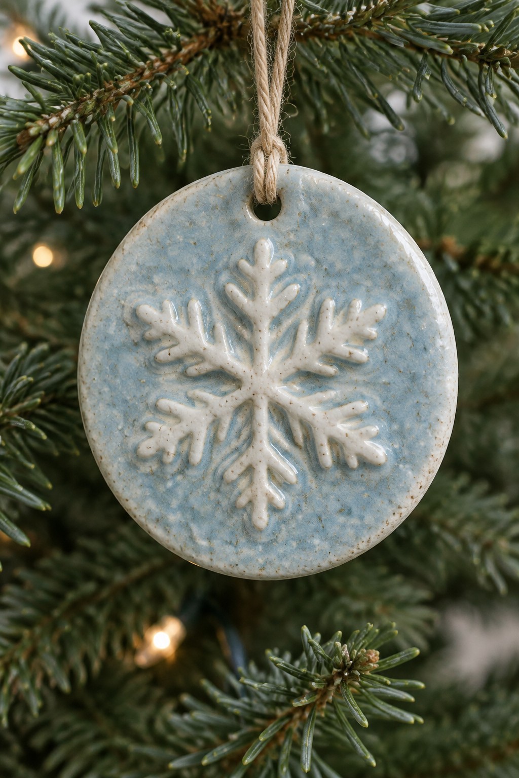 Light blue ceramic snowflake ornament hanging on a Christmas tree branch