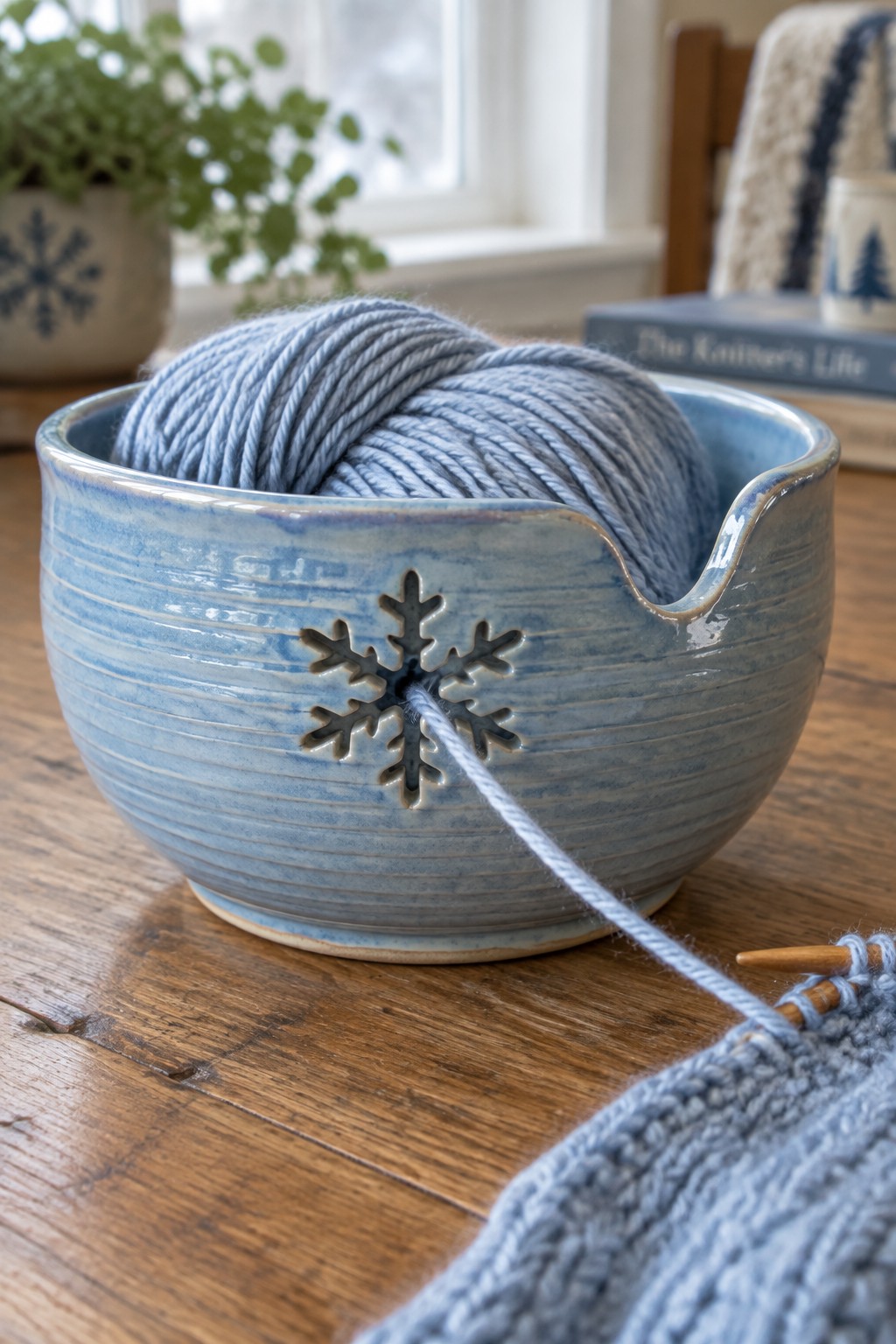 Blue ceramic yarn bowl with snowflake cutout, light blue yarn, and knitting on wood table