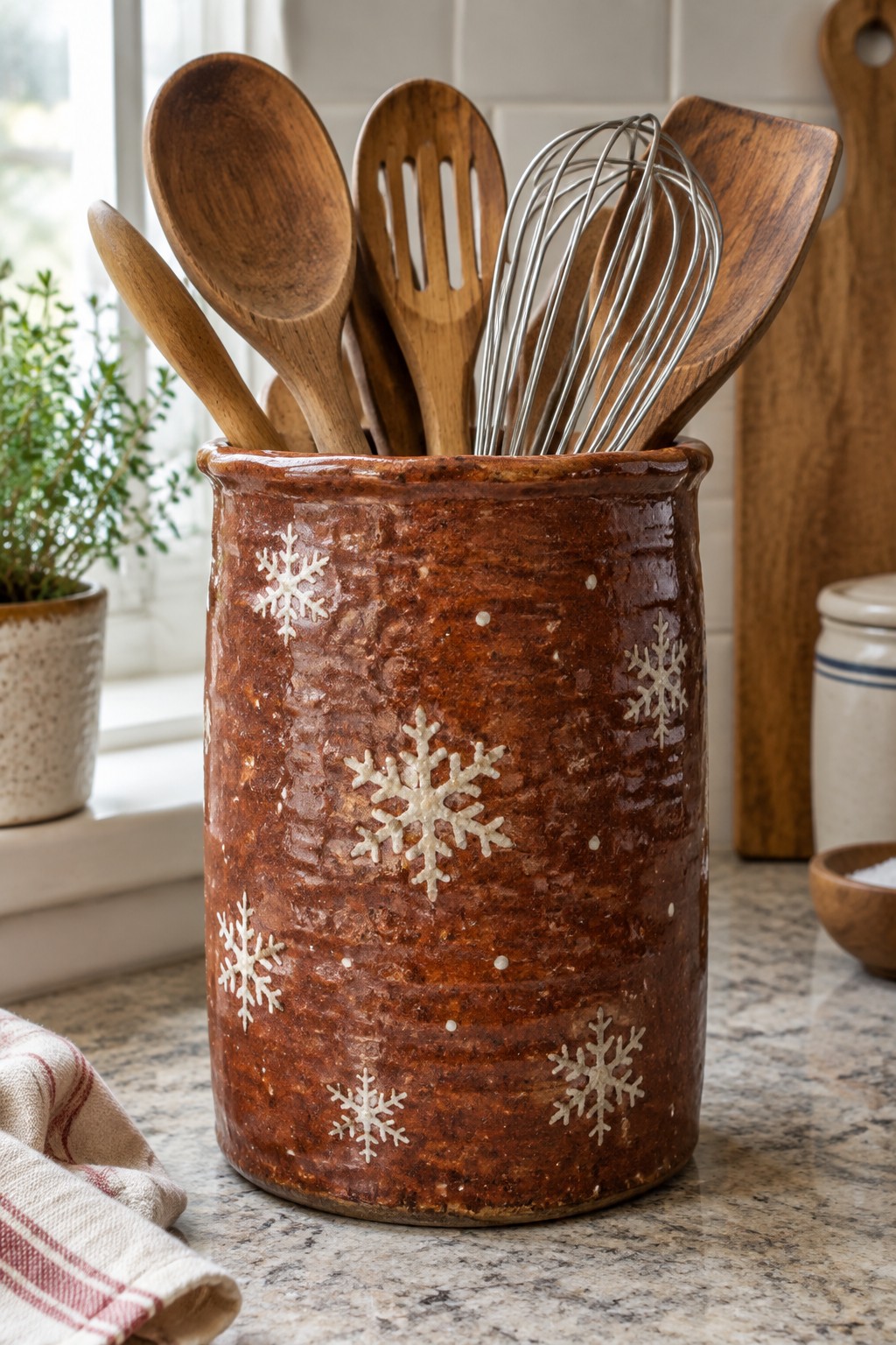 Rustic brown ceramic crock with snowflakes holding wooden spoons and metal whisk on counter