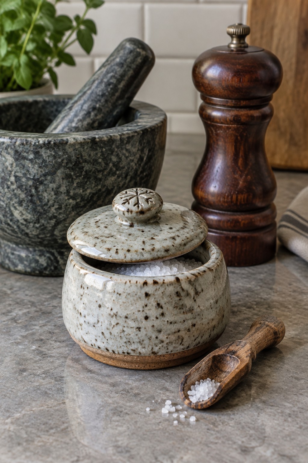Speckled ceramic salt cellar with wooden scoop, pepper mill, and mortar on marble counter