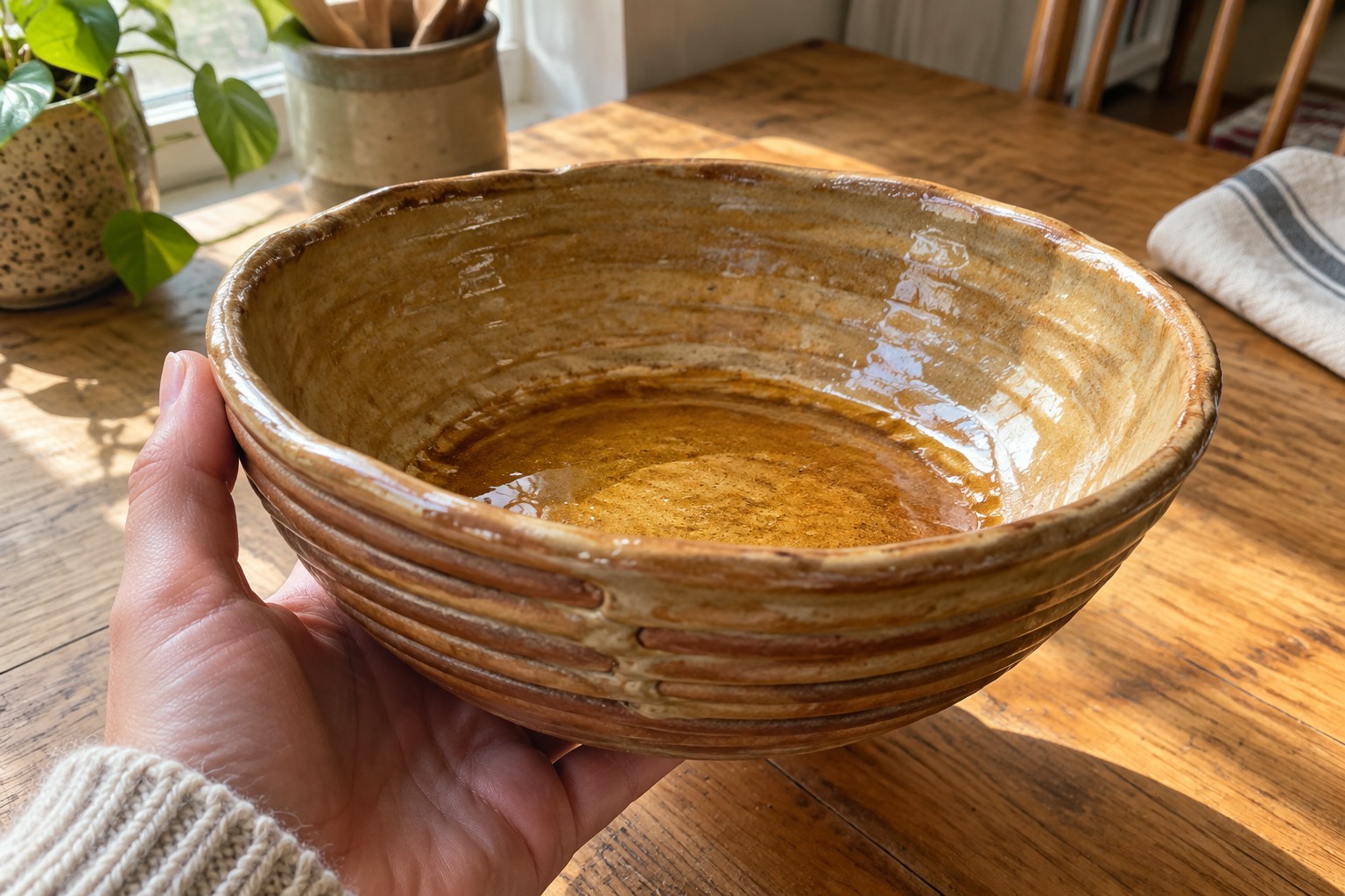 Hand holding ribbed brown ceramic bowl with water on sunlit wooden table