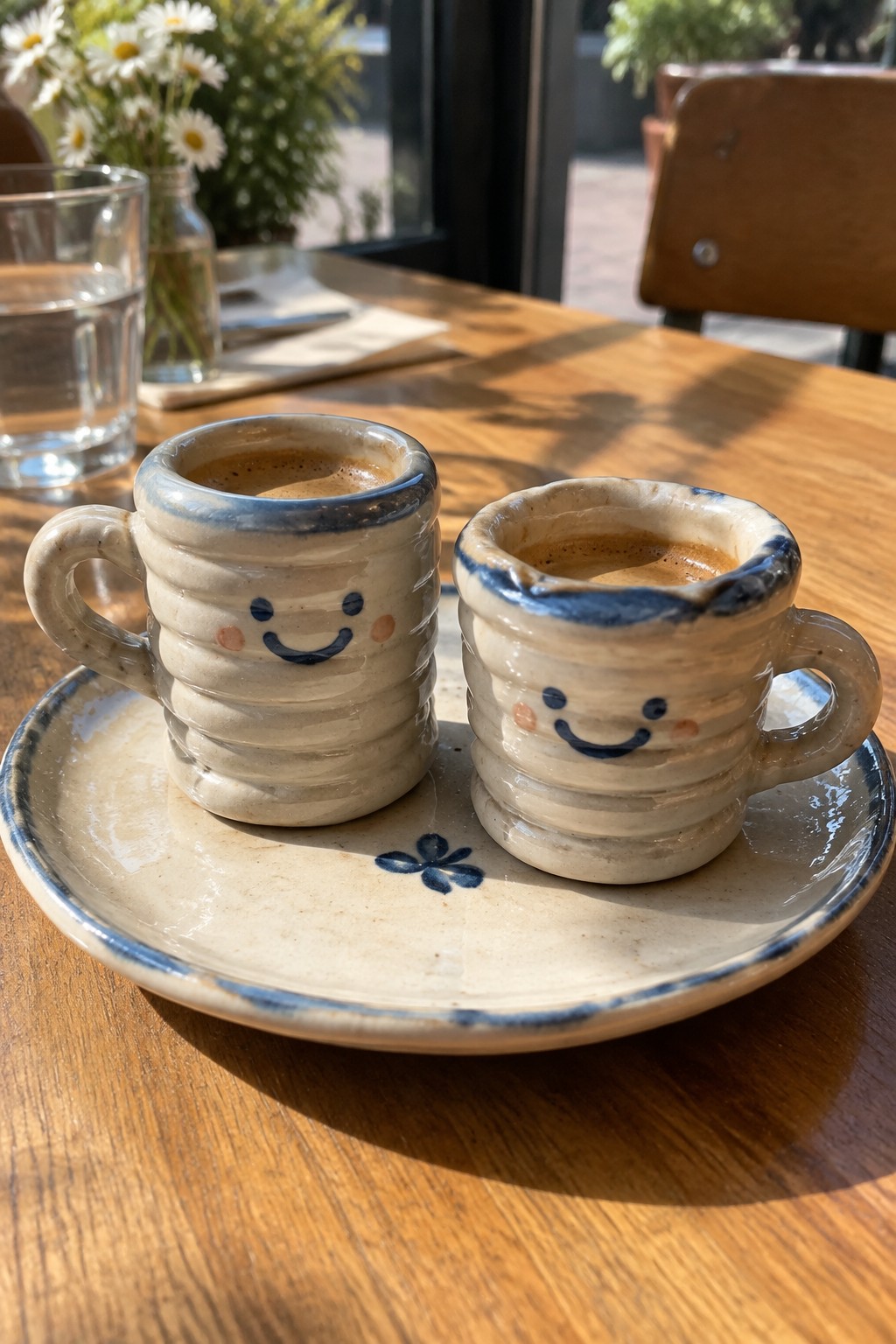 Two smiling ceramic espresso cups on a saucer atop a wooden table.