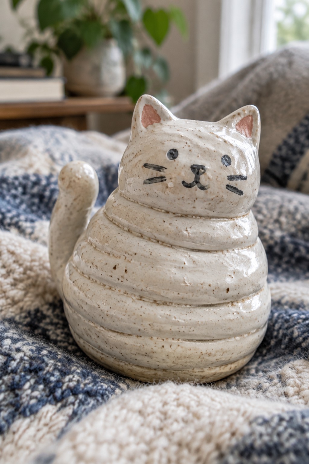 Cream speckled ceramic cat with curled tail on blue knit blanket