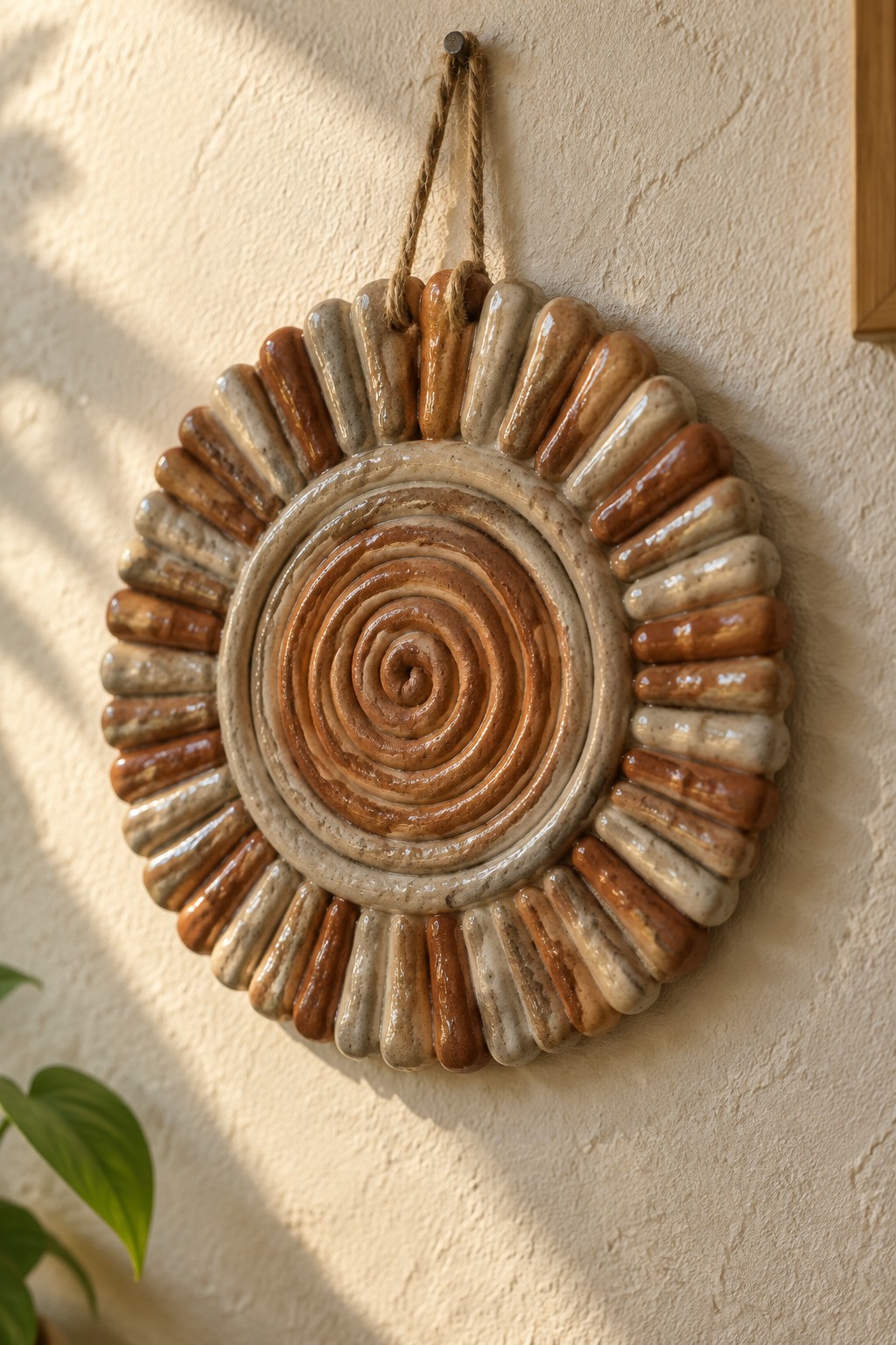 Ceramic sunburst wall hanging with brown spiral center and radiating beige-brown rays on textured wall