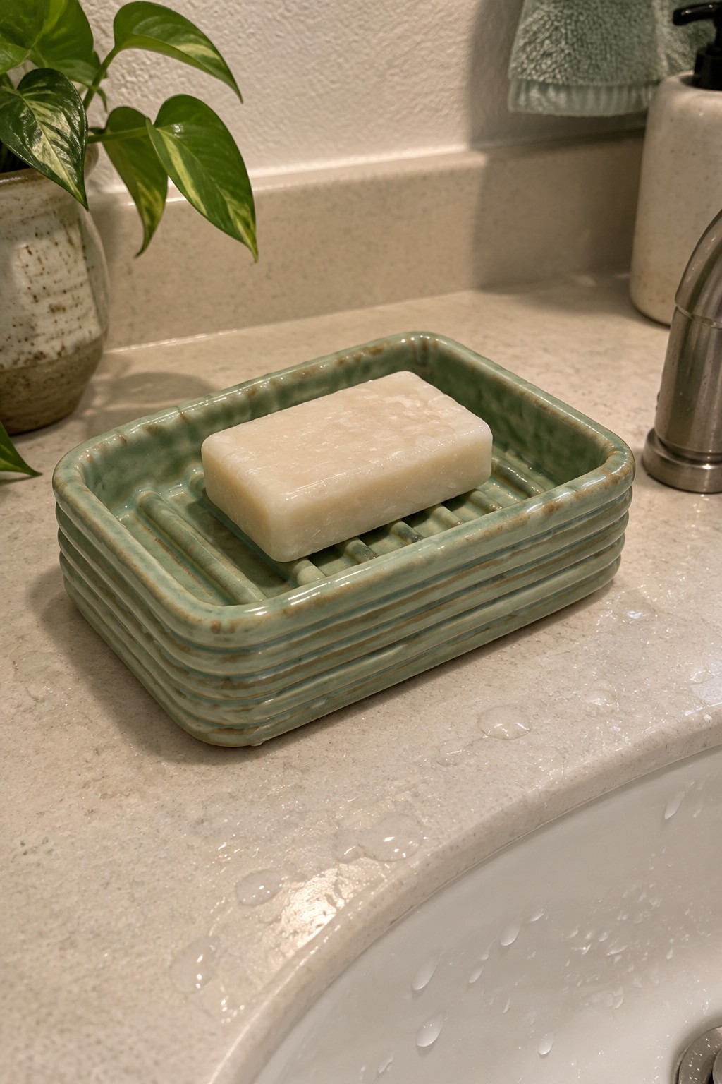 Pale soap bar rests on ribbed green ceramic dish beside wet sink.