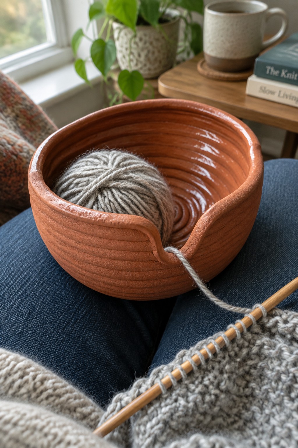 Terracotta yarn bowl with gray yarn on blue denim lap and wooden knitting needles