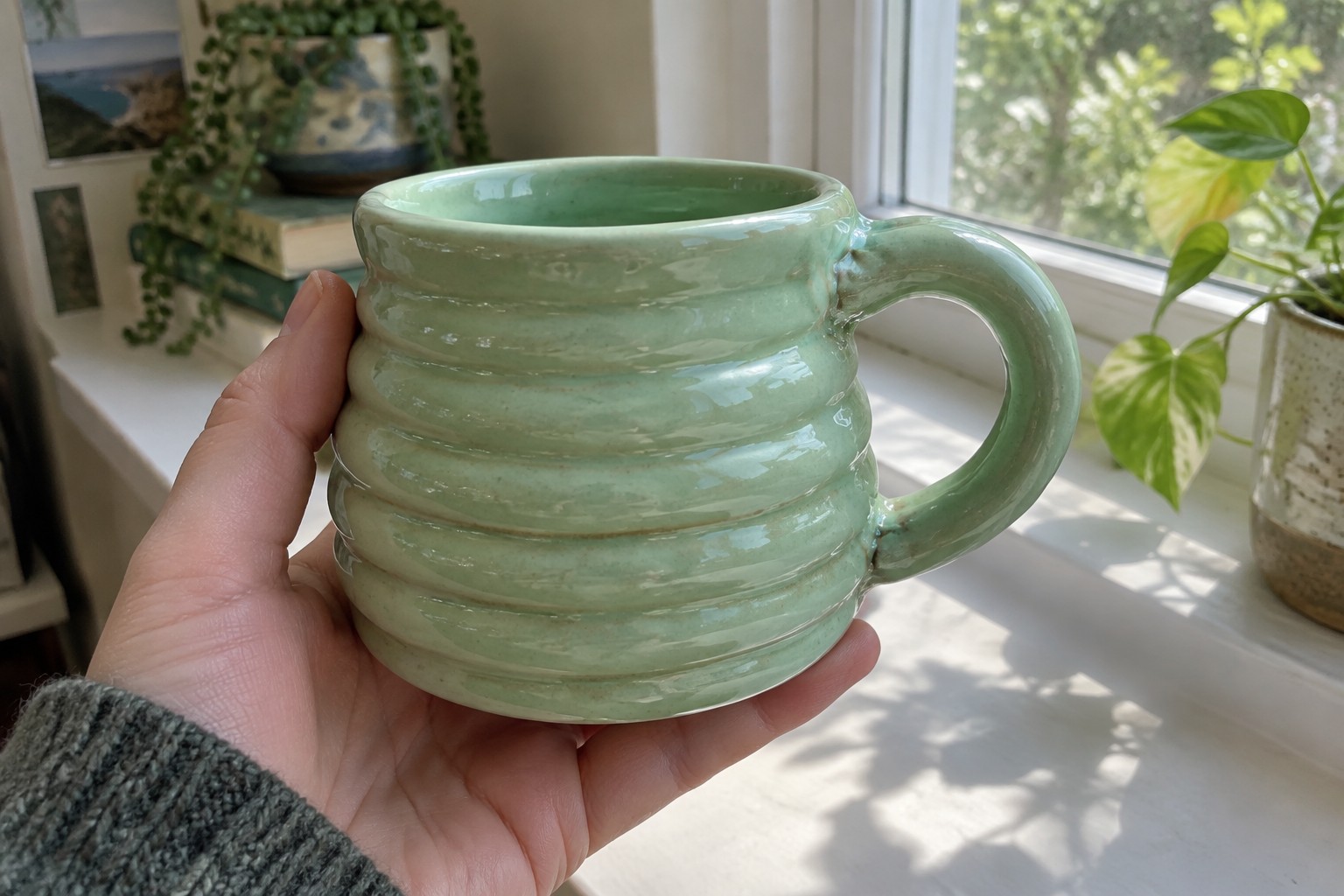 Hand in green knit sweater holding ridged light green ceramic mug near window.