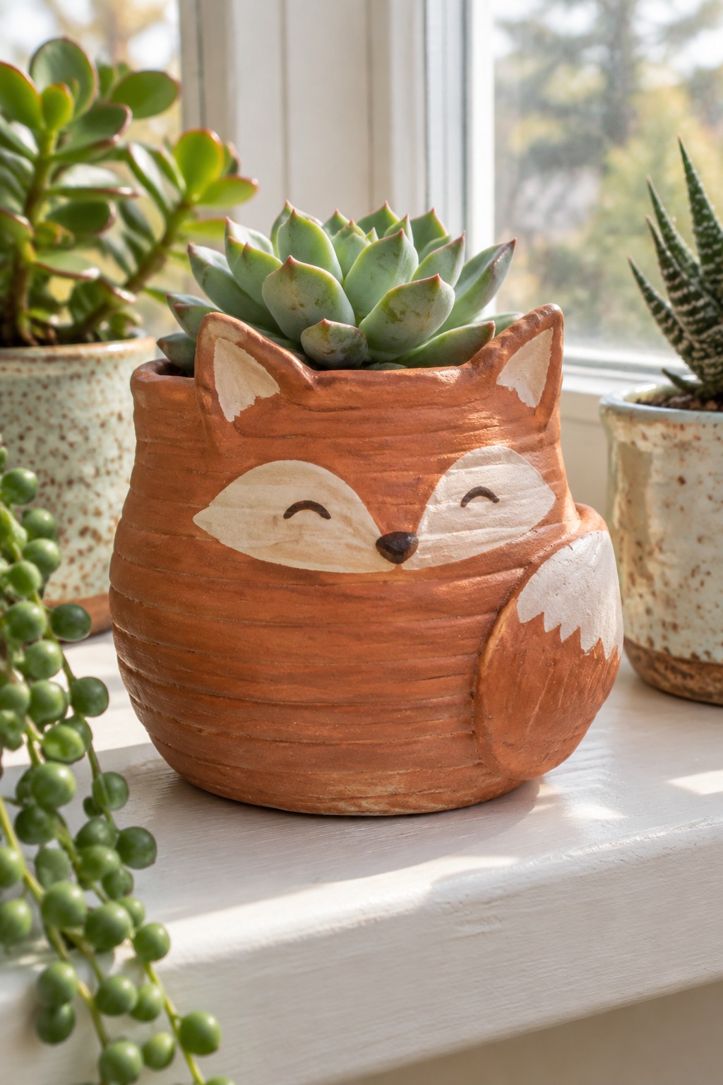A terracotta fox-shaped clay planter with white painted face and tail holds a green succulent on a white windowsill.
