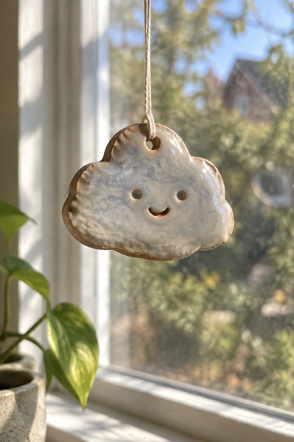 Smiling ceramic cloud ornament with face hangs by string near sunlit window
