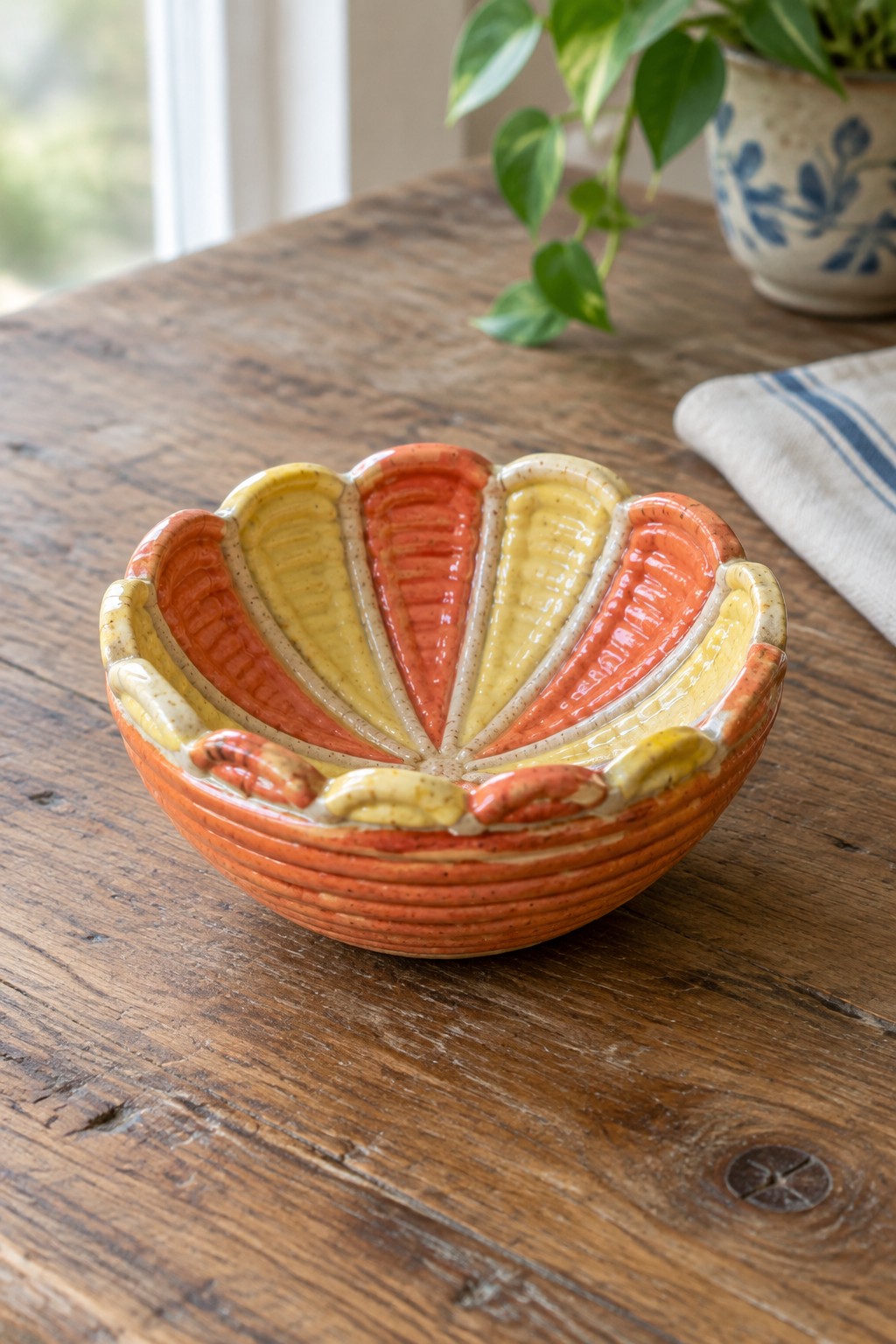 Colorful scalloped ceramic bowl with orange, yellow, and red fan pattern on wooden table