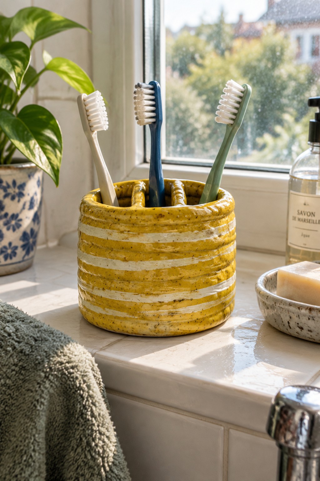 Yellow striped ceramic holder with three toothbrushes on sunny bathroom windowsill