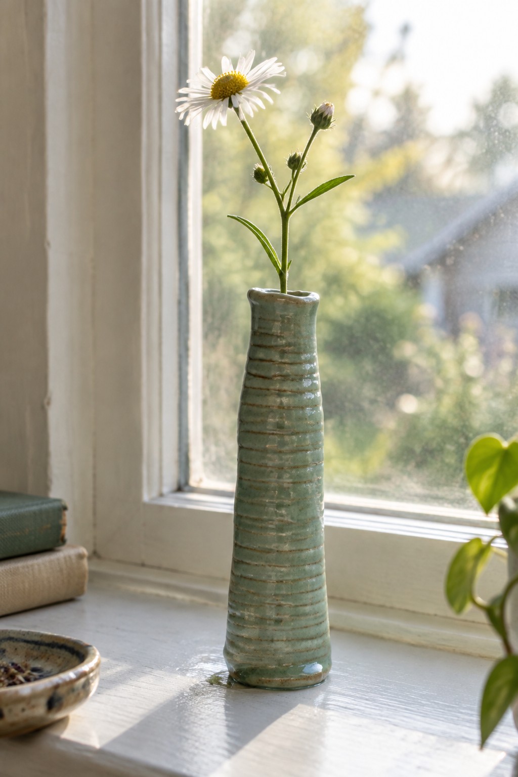 Green ribbed vase with white daisy on sunlit windowsill beside books.