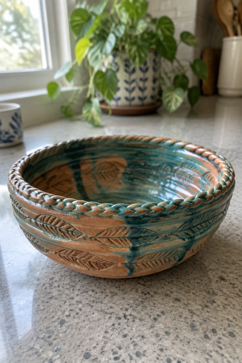 Teal ceramic bowl with braided rim, embossed leaves, on speckled kitchen counter