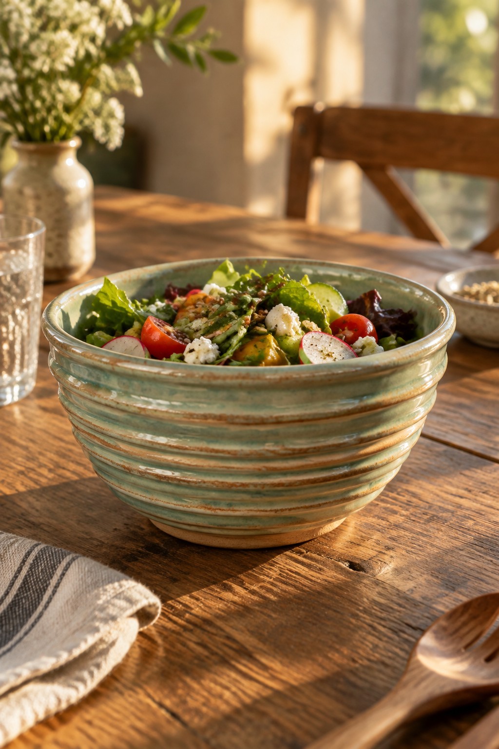 Green ribbed bowl of salad with tomatoes and radishes on sunlit wooden table