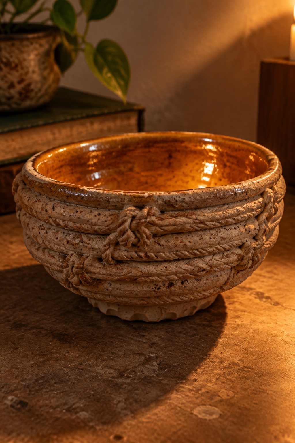 Rustic ceramic bowl with coiled rope texture on a wooden table in warm light