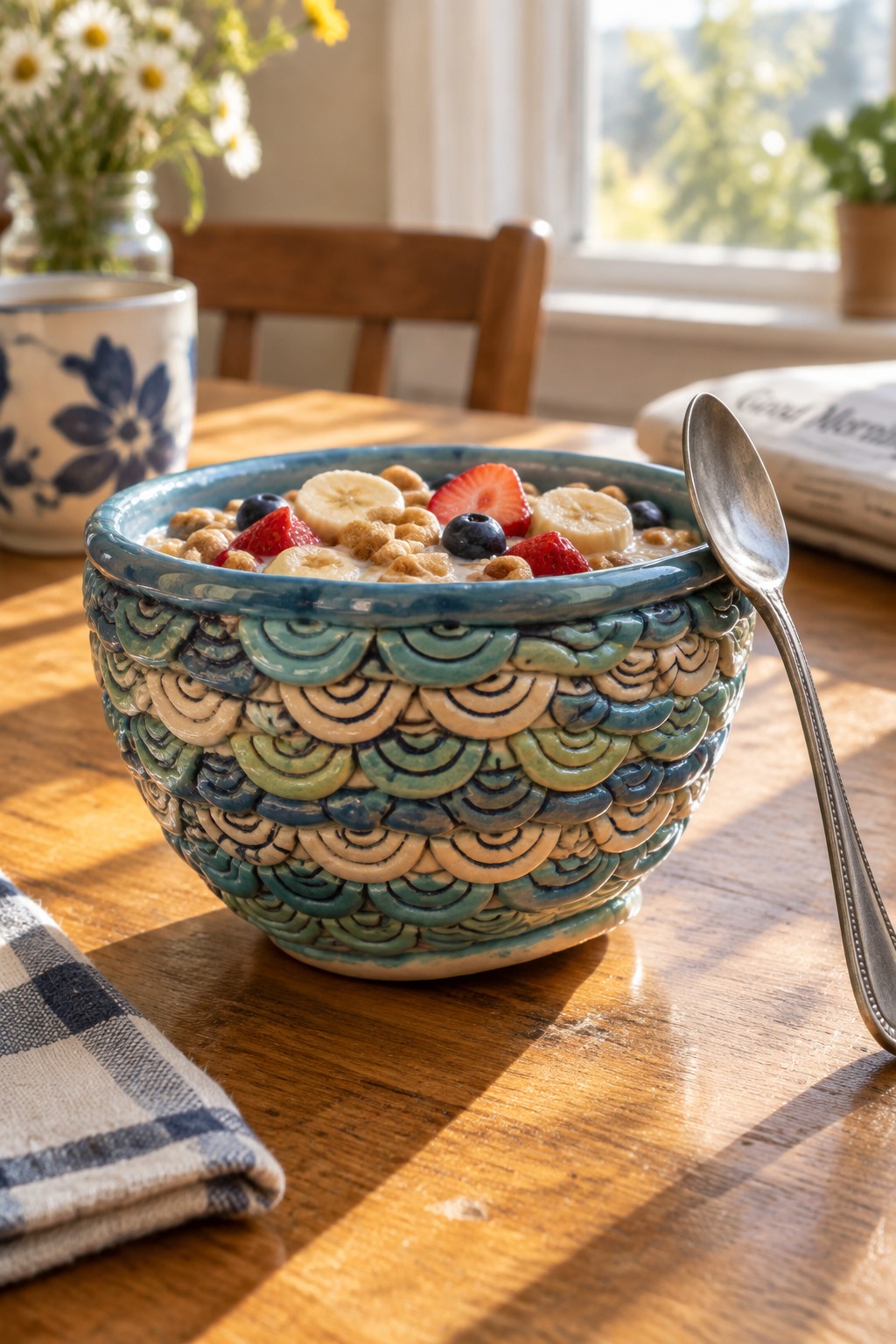 Ornate blue-green ceramic bowl of cereal topped with bananas, strawberries, and blueberries on wooden table.