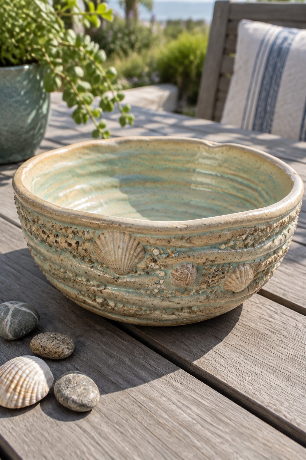 Ceramic bowl with turquoise glaze and seashell designs on wooden outdoor table