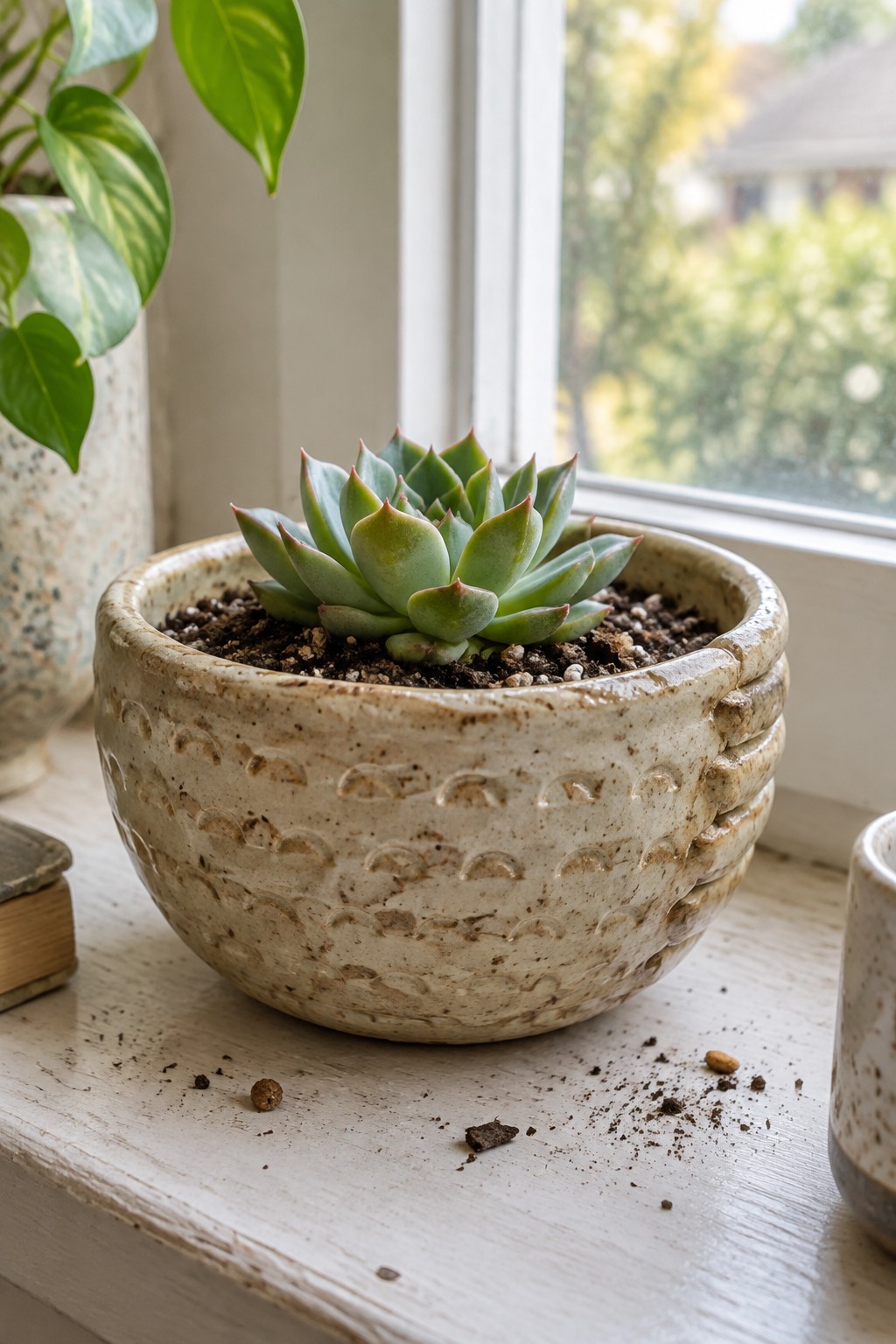 Succulent in textured ceramic pot on white windowsill with scattered soil.